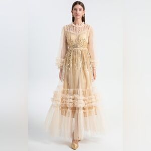 NEW Elegant Gold Sequin Tulle Evening,Grad,Dinner Dress